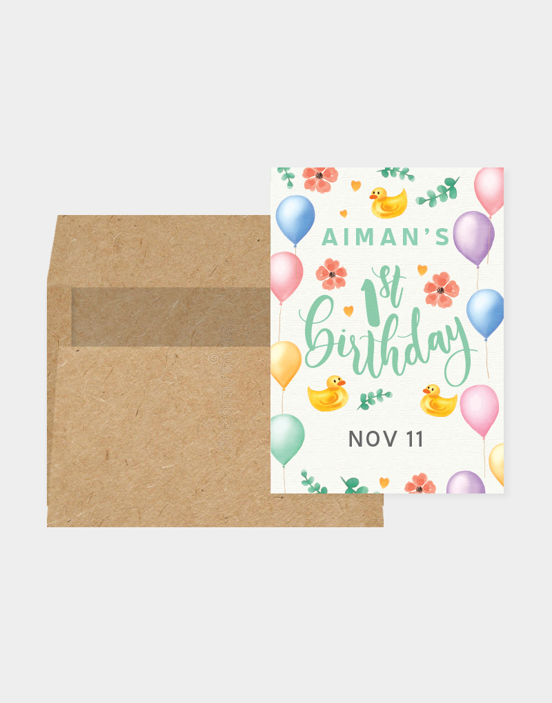 First Birthday Invitation Card Duck Flowers Design