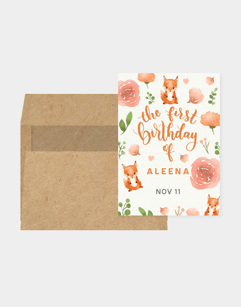 First Birthday Invitation Card Fox Flowers Design